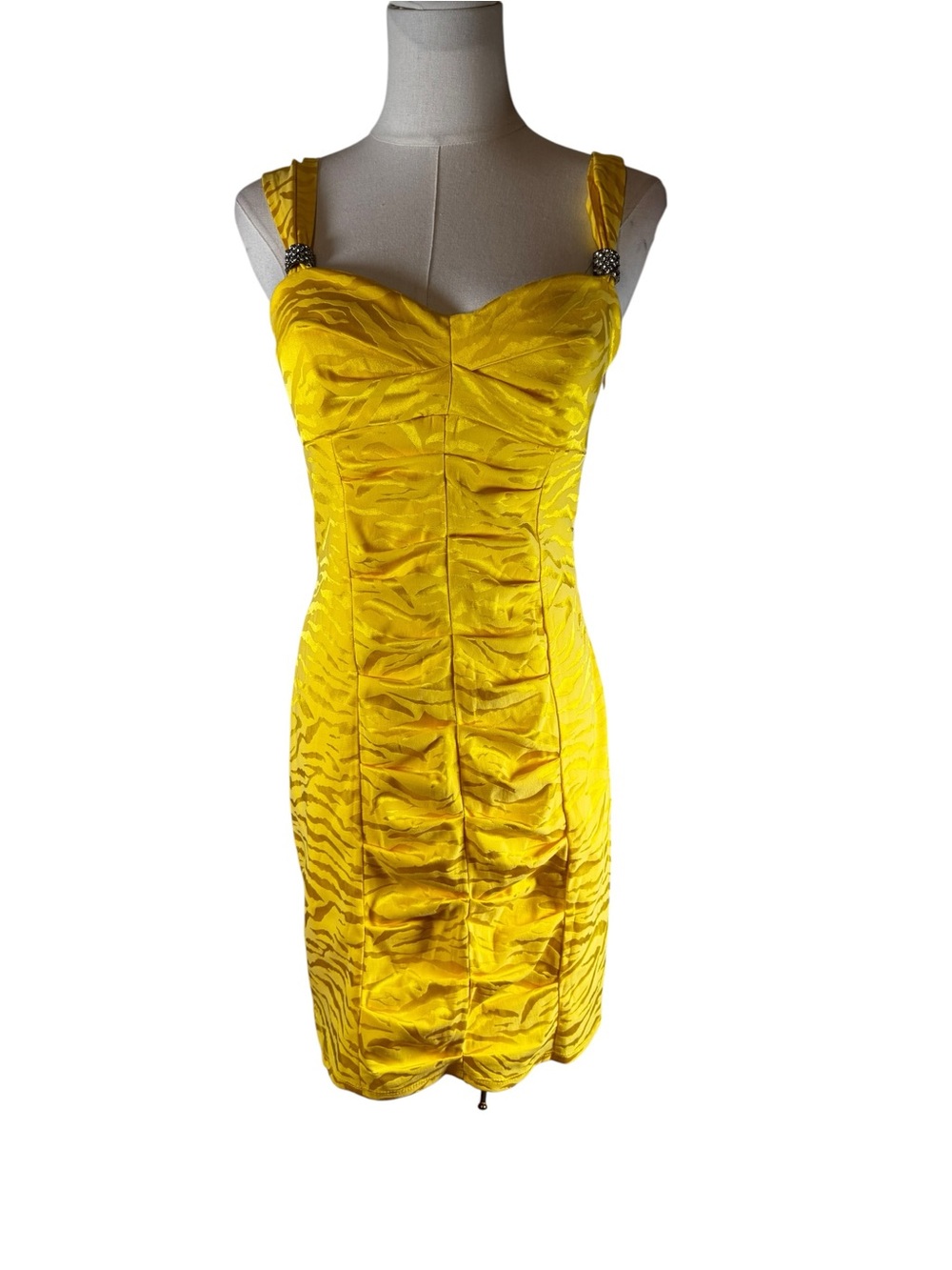 Zone Tease Yellow Tiger Jacquard Ruched Bodycon formal Dress Size 9 Junior
